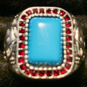 Turquoise and Red Gemstone Silver Ring Mens size 10